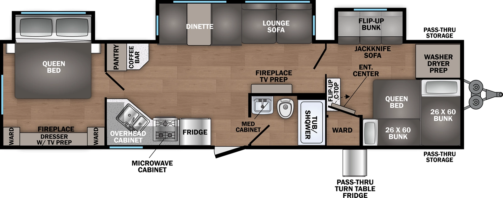 The Shasta 34DQTS floorplan has one entry and three slide outs. Exterior features include: metal exterior. Interiors features include: bunk beds and rear bedroom.